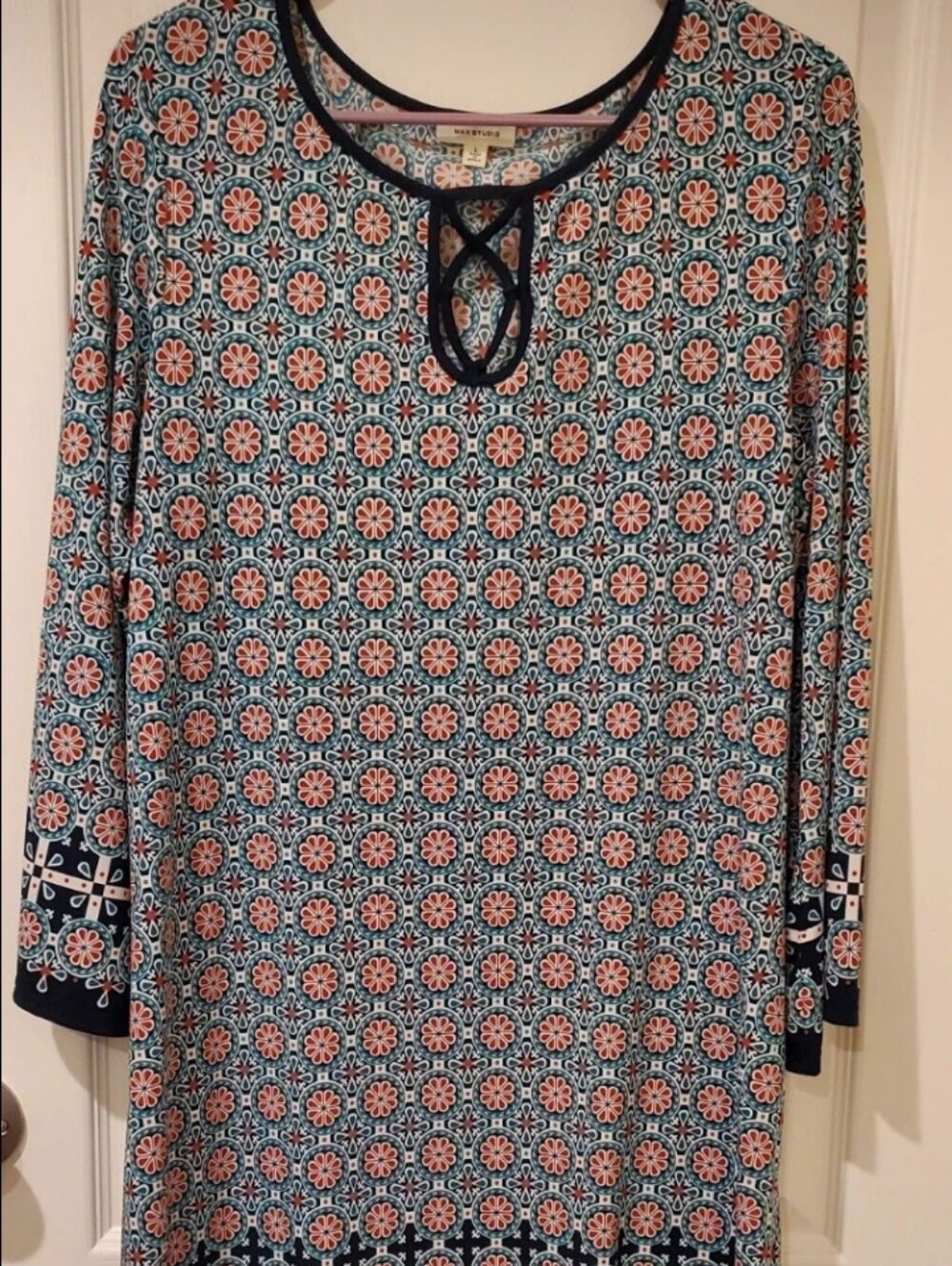 Max Studio Teal & Coral Long Sleeve Geometric Floral Tunic Dress